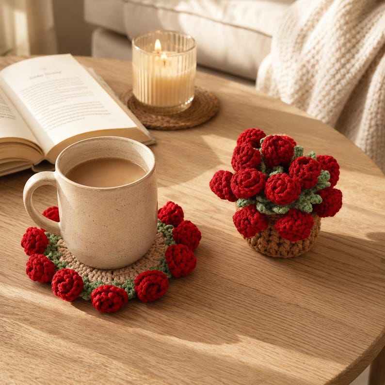 Handgemaakte gehaakte bloemenonderzetters met bloempotje voor koffie en thee