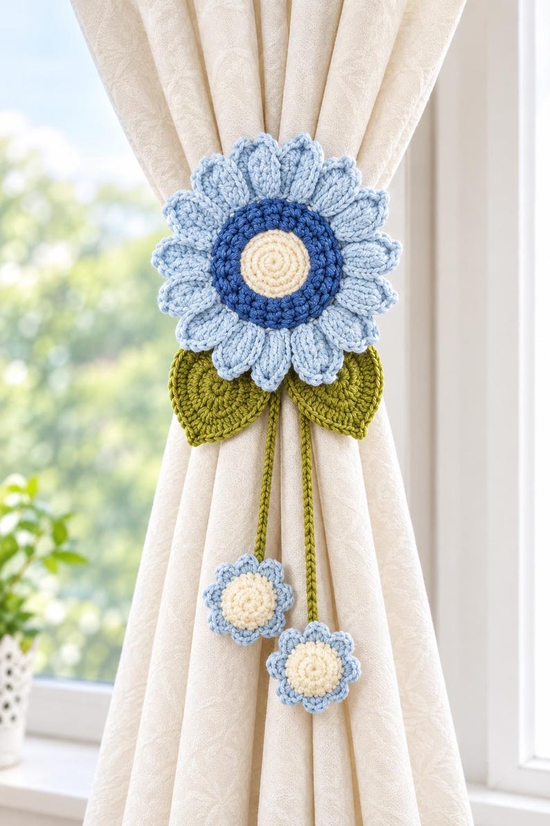 Gehaakte gordijnophanger met zonnebloem en margriet, decoratie van zacht garen