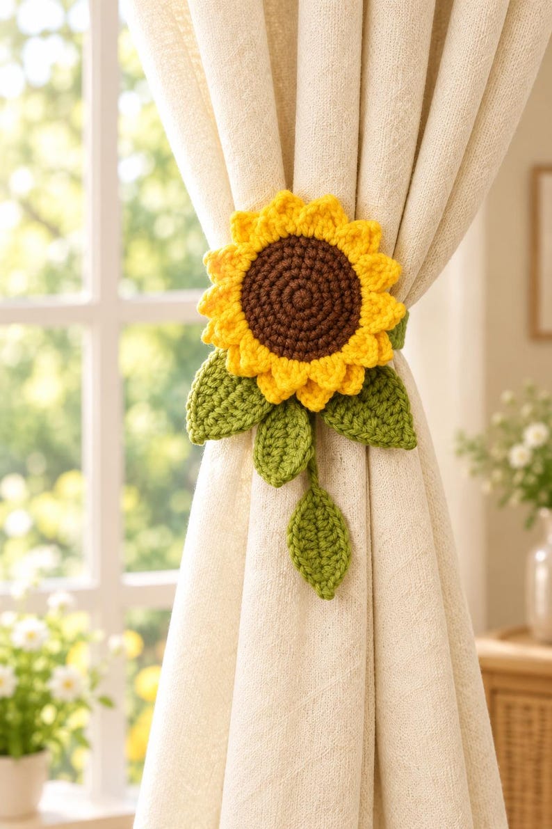 Gehaakte gordijnophanger met zonnebloem en margriet, decoratie van zacht garen