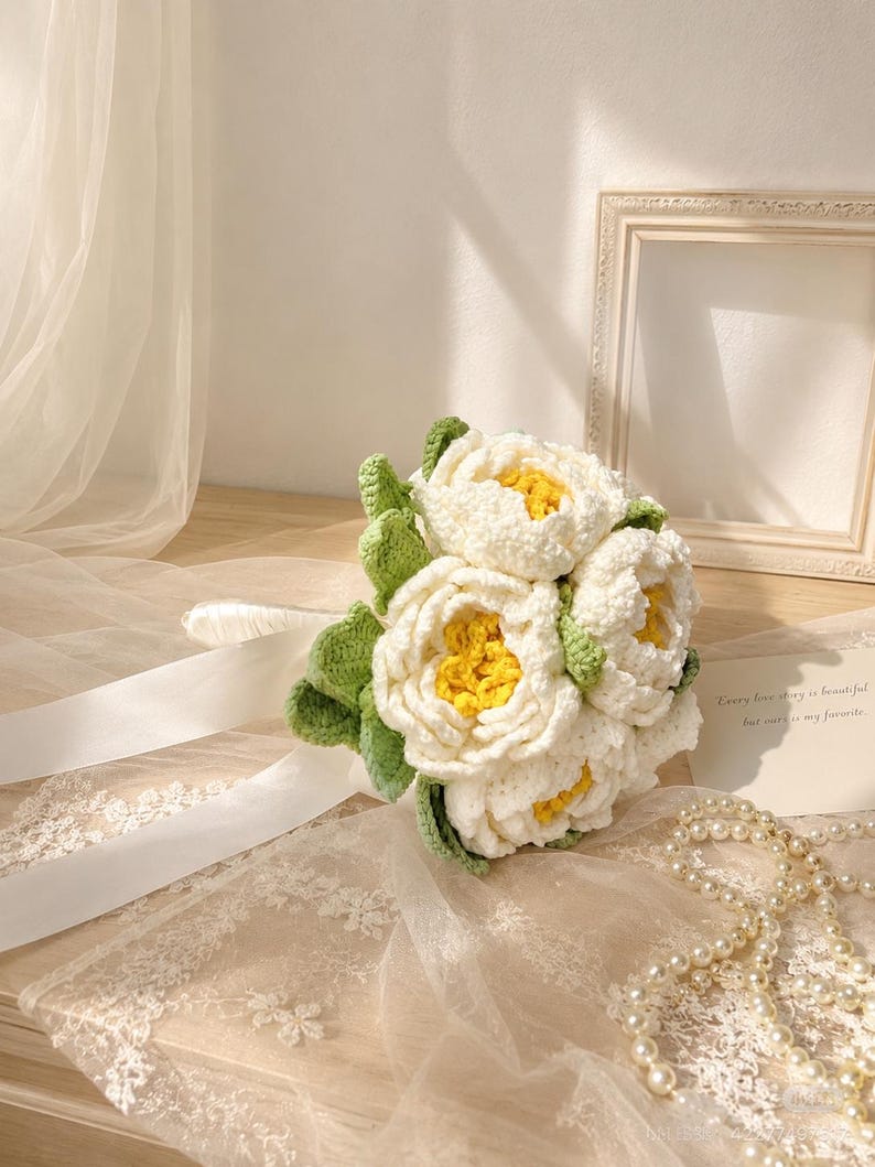 Gehaakt bruidsboeket met witte pioenrozen, handgemaakte bruidsbloemen als aandenken
