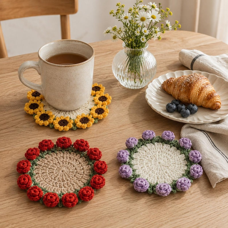 Handgemaakte gehaakte bloemenonderzetters met bloempotje voor koffie en thee