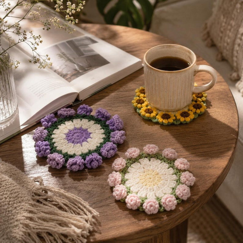 Handgemaakte gehaakte bloemenonderzetters met bloempotje voor koffie en thee