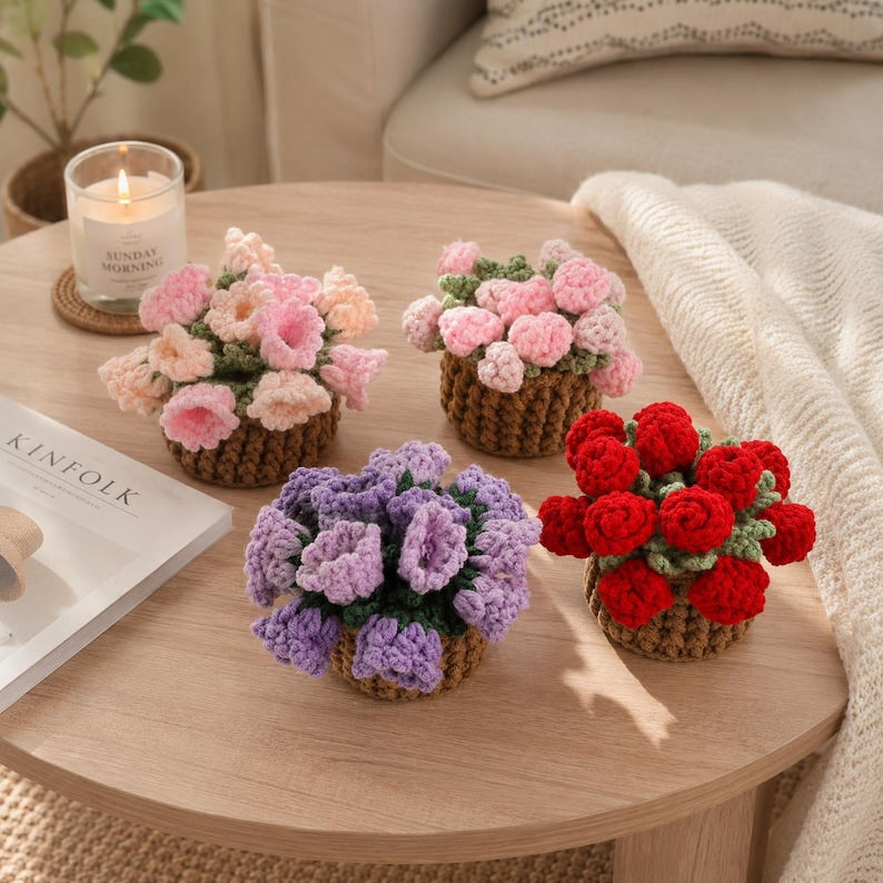 Handgemaakte gehaakte bloemenonderzetters met bloempotje voor koffie en thee