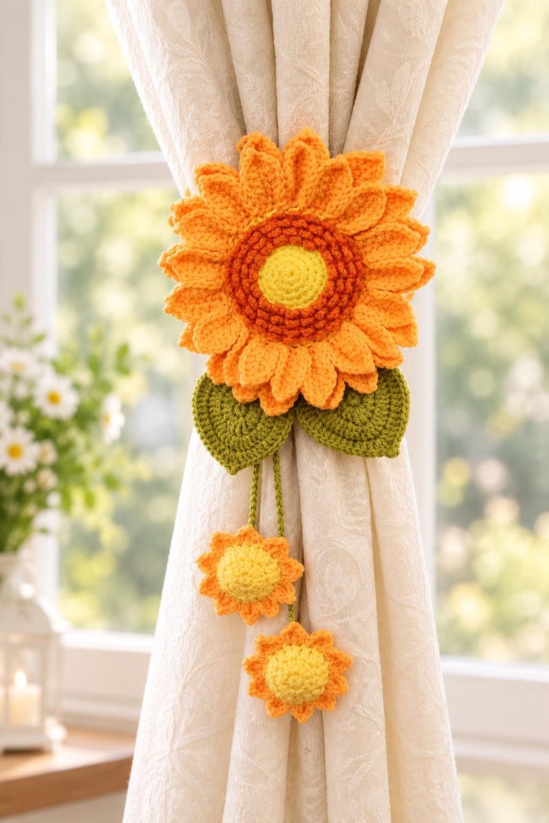 Gehaakte gordijnophanger met zonnebloem en margriet, decoratie van zacht garen