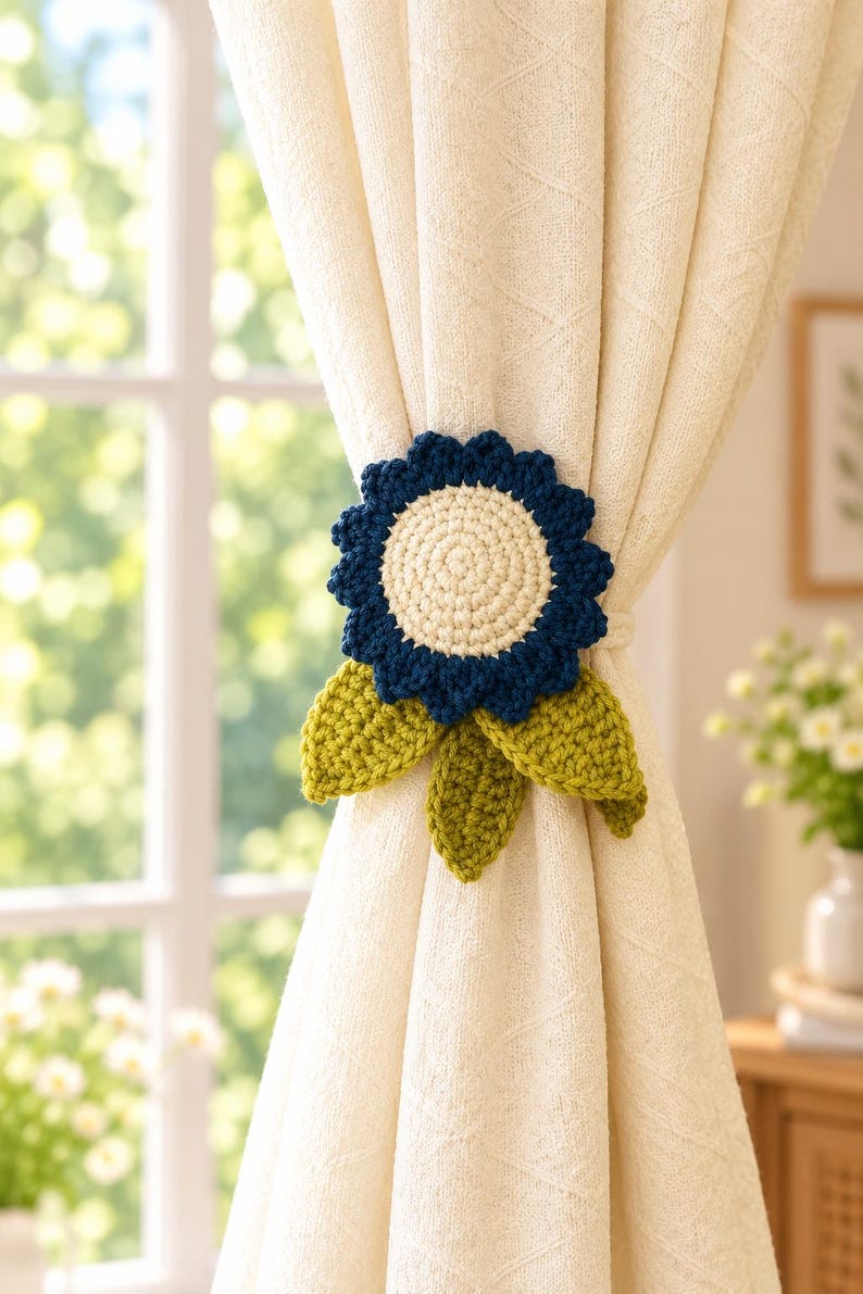 Gehaakte gordijnophanger met zonnebloem en margriet, decoratie van zacht garen