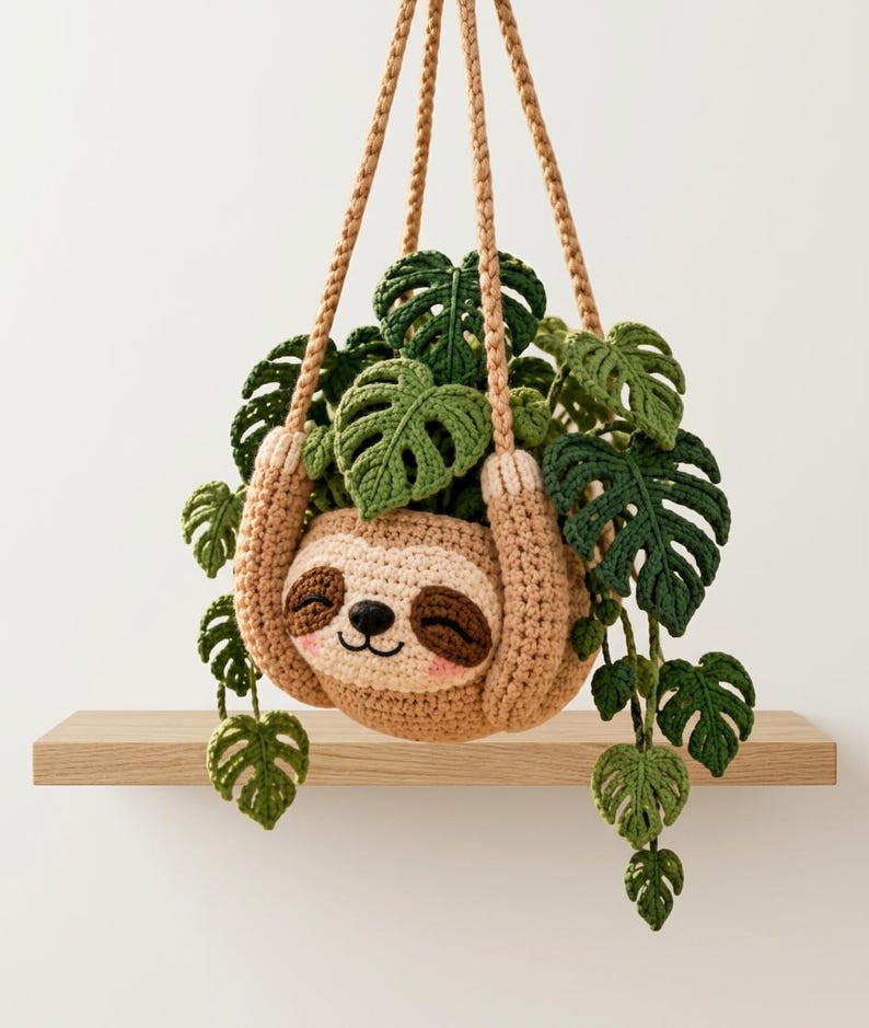 Handgemaakte gehaakte luiaard plantenhanger met monstera bladeren