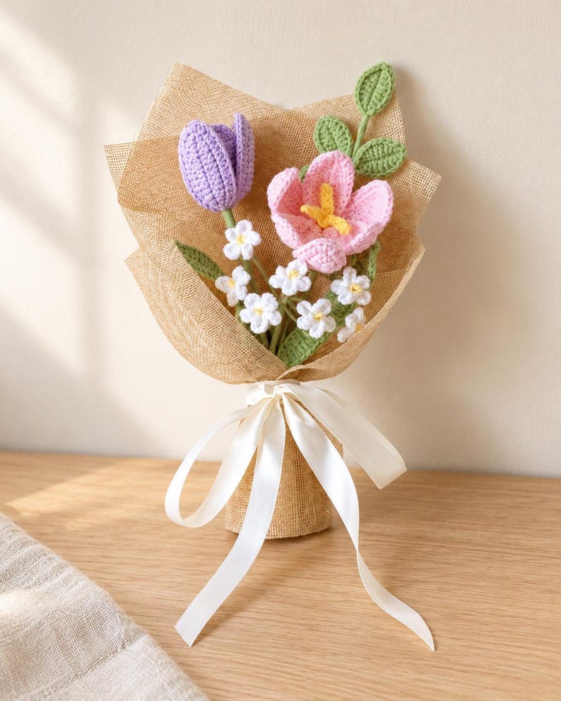 Mini-boeketje van handgemaakte gehaakte bloemen van zacht garen