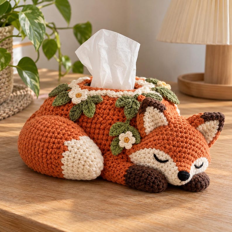 Gehaakte tissueboxhoes in de vorm van een slapende kleine vos, ambachtelijk textieldecor