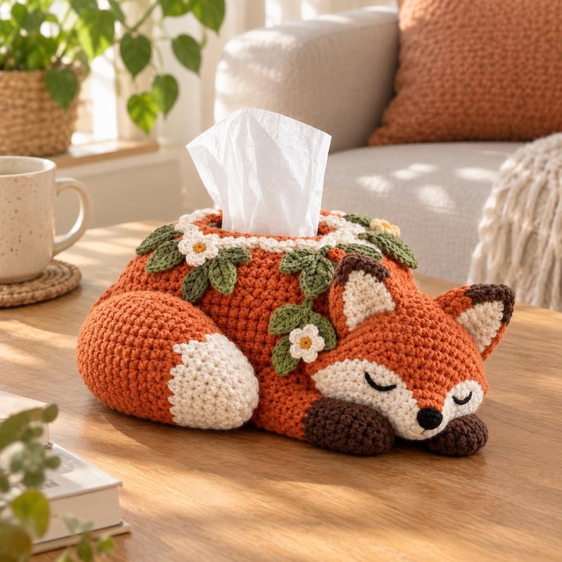 Gehaakte tissueboxhoes in de vorm van een slapende kleine vos, ambachtelijk textieldecor