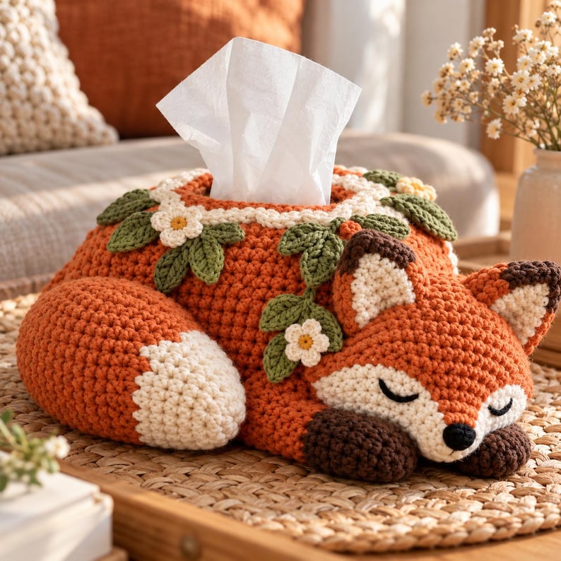 Gehaakte tissueboxhoes in de vorm van een slapende kleine vos, ambachtelijk textieldecor